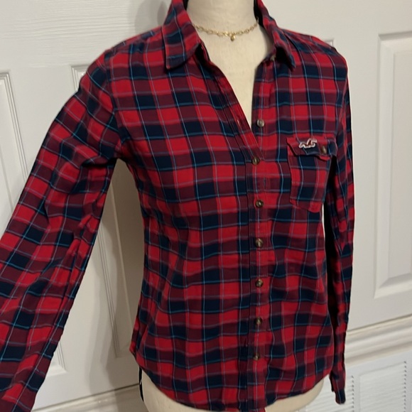 Hollister red & navy plaid flannel button down shirt Size S - Picture 7 of 17